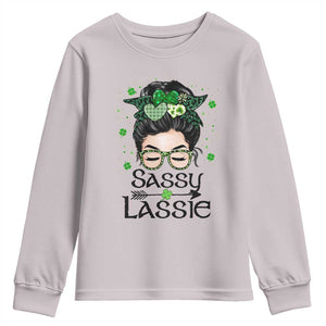 Lucky Sassy Lassie Messy Bun Youth Sweatshirt Funny St Patricks Day TS02 Ice Gray Print Your Wear
