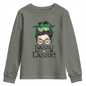 Lucky Sassy Lassie Messy Bun Youth Sweatshirt Funny St Patricks Day TS02 Military Green Print Your Wear