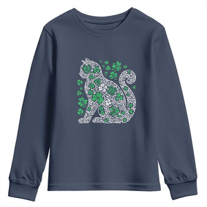 Irish Shamrock Cat Graphic Youth Sweatshirt Saint Patrick Day for Cat Lovers TS02 Navy Print Your Wear