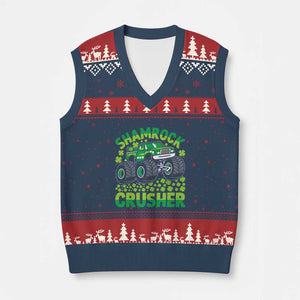 Funny Shamrock Crusher Monster Truck V-Neck Knit Sweater Vest Happy St Patricks Day Boys TS02 Navy Red Print Your Wear