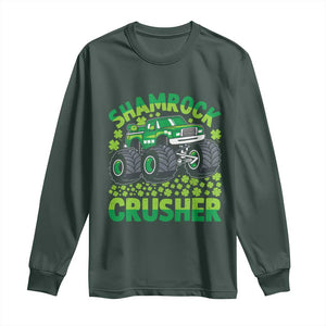Funny Shamrock Crusher Monster Truck Long Sleeve Shirt Happy St Patricks Day Boys TS02 Dark Forest Green Print Your Wear