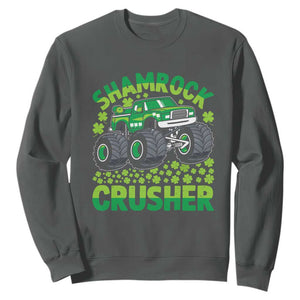 Funny Shamrock Crusher Monster Truck Sweatshirt Happy St Patricks Day Boys TS02 Dark Heather Print Your Wear