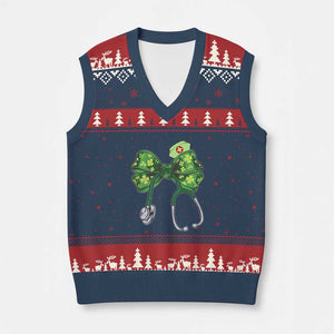Shamrock Coquette Bow Stethoscope V-Neck Knit Sweater Vest Registered Nurse Nursing St Patricks Day TS02 Navy Red Print Your Wear