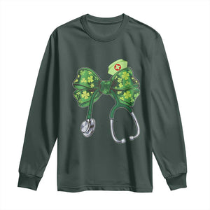 Shamrock Coquette Bow Stethoscope Long Sleeve Shirt Registered Nurse Nursing St Patricks Day TS02 Dark Forest Green Print Your Wear