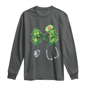 Shamrock Coquette Bow Stethoscope Long Sleeve Shirt Registered Nurse Nursing St Patricks Day TS02 Dark Heather Print Your Wear
