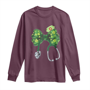 Shamrock Coquette Bow Stethoscope Long Sleeve Shirt Registered Nurse Nursing St Patricks Day TS02 Maroon Print Your Wear