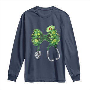 Shamrock Coquette Bow Stethoscope Long Sleeve Shirt Registered Nurse Nursing St Patricks Day TS02 Navy Print Your Wear