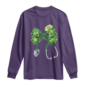 Shamrock Coquette Bow Stethoscope Long Sleeve Shirt Registered Nurse Nursing St Patricks Day TS02 Purple Print Your Wear