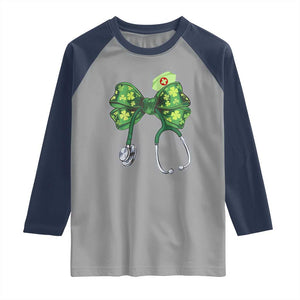 Shamrock Coquette Bow Stethoscope Raglan Shirt Registered Nurse Nursing St Patricks Day TS02 Sport Gray Navy Print Your Wear