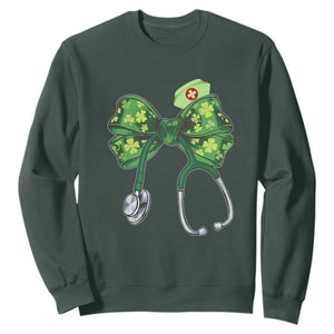 Shamrock Coquette Bow Stethoscope Sweatshirt Registered Nurse Nursing St Patricks Day TS02 Dark Forest Green Print Your Wear