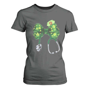 Shamrock Coquette Bow Stethoscope T Shirt For Women Registered Nurse Nursing St Patricks Day TS02 Dark Heather Print Your Wear