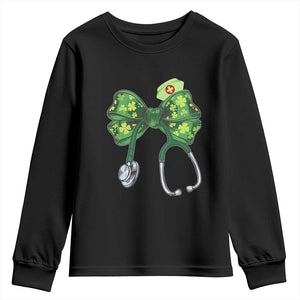 Shamrock Coquette Bow Stethoscope Youth Sweatshirt Registered Nurse Nursing St Patricks Day TS02 Black Print Your Wear