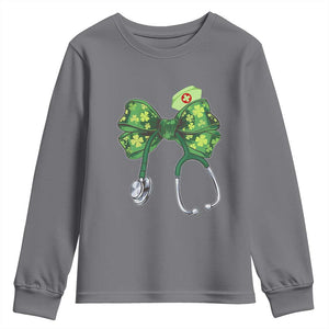 Shamrock Coquette Bow Stethoscope Youth Sweatshirt Registered Nurse Nursing St Patricks Day TS02 Charcoal Print Your Wear