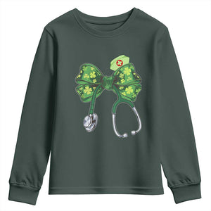 Shamrock Coquette Bow Stethoscope Youth Sweatshirt Registered Nurse Nursing St Patricks Day TS02 Dark Forest Green Print Your Wear