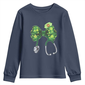 Shamrock Coquette Bow Stethoscope Youth Sweatshirt Registered Nurse Nursing St Patricks Day TS02 Navy Print Your Wear