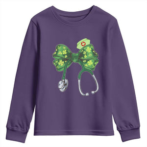 Shamrock Coquette Bow Stethoscope Youth Sweatshirt Registered Nurse Nursing St Patricks Day TS02 Purple Print Your Wear