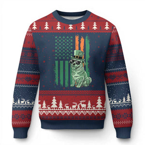 Funny St Patrick's Day Pug Leprechaun Ugly Christmas Sweater Dog Lover Puppy Green American Flag TS02 Navy Red Print Your Wear