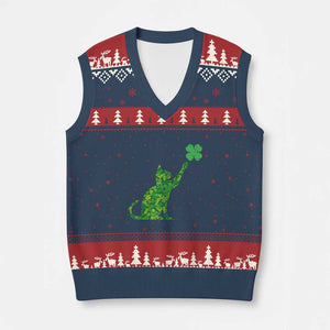 St Patricks Day Shamrock Cat V-Neck Knit Sweater Vest Saint Pattys Cats Lover TS02 Navy Red Print Your Wear