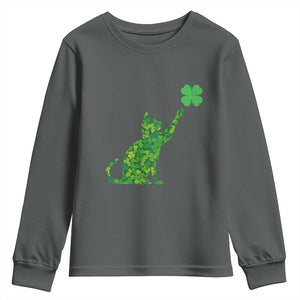 St Patricks Day Shamrock Cat Youth Sweatshirt Saint Pattys Cats Lover TS02 Dark Heather Print Your Wear
