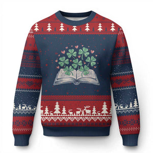 St Patricks Day Book Lover Ugly Christmas Sweater Librarian Core Lucky Shamrocks TS02 Navy Red Print Your Wear