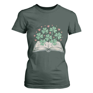 St Patricks Day Book Lover T Shirt For Women Librarian Core Lucky Shamrocks TS02 Dark Forest Green Print Your Wear