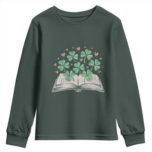 St Patricks Day Book Lover Youth Sweatshirt Librarian Core Lucky Shamrocks TS02 Dark Forest Green Print Your Wear