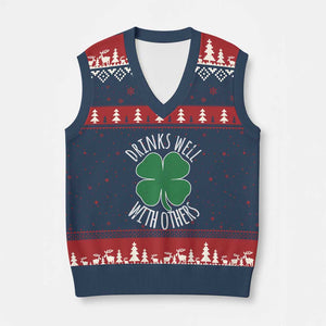 Funny St Patricks Day Drinking V-Neck Knit Sweater Vest Drinks Well With Others Drunk Beer Lucky Shamrock TS02 Navy Red Print Your Wear