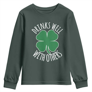Funny St Patricks Day Drinking Youth Sweatshirt Drinks Well With Others Drunk Beer Lucky Shamrock TS02 Dark Forest Green Print Your Wear