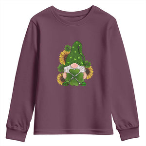 St Patrick's Day Cute Gnomes Youth Sweatshirt Holding Shamrock Sunflower TS02 Maroon Print Your Wear