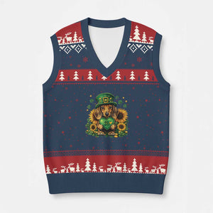 Cute Dachshund Leprechaun V-Neck Knit Sweater Vest Shamrock St. Patrick's Day Dog Lover TS02 Navy Red Print Your Wear