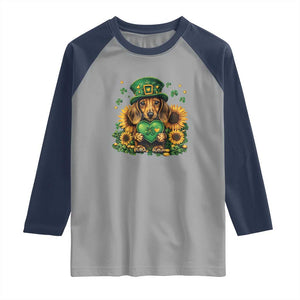 Cute Dachshund Leprechaun Raglan Shirt Shamrock St. Patrick's Day Dog Lover TS02 Sport Gray Navy Print Your Wear