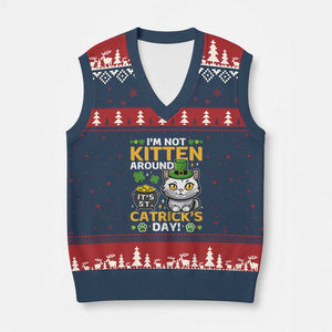 Cute Cat Leperchaun V-Neck Knit Sweater Vest Im Not Kitten Around Catrick's Day St Patricks TS02 Navy Red Print Your Wear