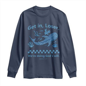 Funny Whale Shark Christian Bible Jonah 1:17 Long Sleeve Shirt Get In Loser We're Doing God's Will TS02 Navy Print Your Wear