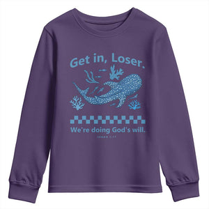 Funny Whale Shark Christian Bible Jonah 1:17 Youth Sweatshirt Get In Loser We're Doing God's Will TS02 Purple Print Your Wear