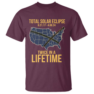 Total Solar Eclipse T Shirt Twice In A Life Time Tour Map American Totality 2024 2017 TS02 Maroon Printyourwear