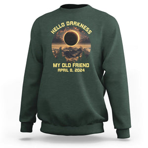 Total Solar Eclipse Sweatshirt Hello Darkness My Old Friend April 8 2024 American Totality TS02 Dark Forest Green Printyourwear
