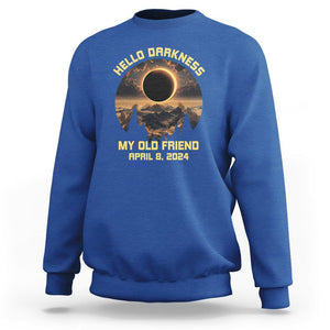 Total Solar Eclipse Sweatshirt Hello Darkness My Old Friend April 8 2024 American Totality TS02 Royal Blue Printyourwear
