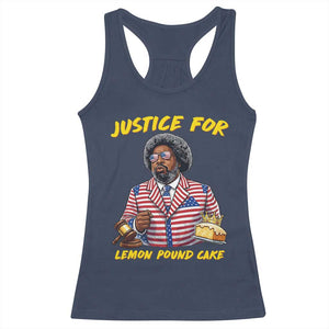 Justice for Lemon Pound Cake Funny Viral Meme Racerback Tank Top Edgy Hip Hop Humor Parody Gift for Rap Fans TS02 Navy Print Your Wear