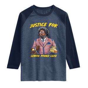 Justice for Lemon Pound Cake Funny Viral Meme Raglan Shirt Edgy Hip Hop Humor Parody Gift for Rap Fans TS02 Heather Denim Navy Print Your Wear
