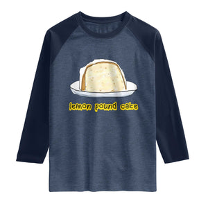 Lemon Pound Cake Funny Meme Raglan Shirt Viral Edgy Hip Hop Humor Parody Gift for Rap Fans TS02 Heather Denim Navy Print Your Wear