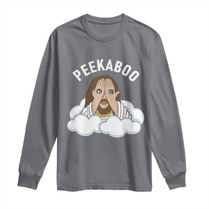 Peekaboo Jesus Funny Christian Long Sleeve Shirt Faith Humor Savior in Clouds Religious Meme TS02 Charcoal Print Your Wear