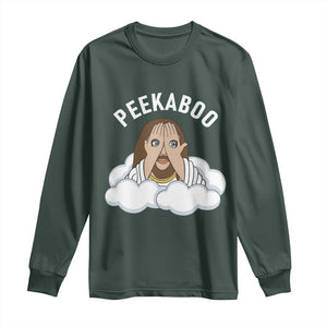Peekaboo Jesus Funny Christian Long Sleeve Shirt Faith Humor Savior in Clouds Religious Meme TS02 Dark Forest Green Print Your Wear