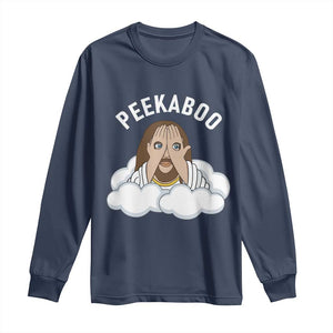 Peekaboo Jesus Funny Christian Long Sleeve Shirt Faith Humor Savior in Clouds Religious Meme TS02 Navy Print Your Wear
