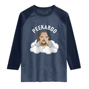 Peekaboo Jesus Funny Christian Raglan Shirt Faith Humor Savior in Clouds Religious Meme TS02 Heather Denim Navy Print Your Wear
