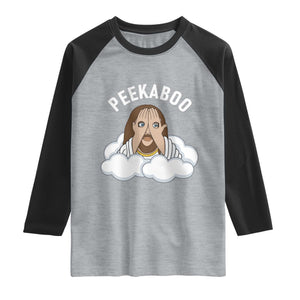 Peekaboo Jesus Funny Christian Raglan Shirt Faith Humor Savior in Clouds Religious Meme TS02 Heather Gray Black Print Your Wear