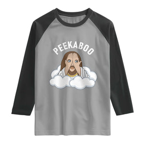 Peekaboo Jesus Funny Christian Raglan Shirt Faith Humor Savior in Clouds Religious Meme TS02 Sport Gray Black Print Your Wear