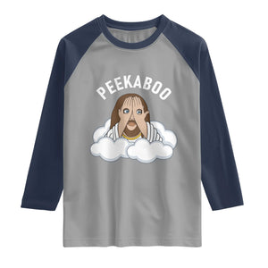 Peekaboo Jesus Funny Christian Raglan Shirt Faith Humor Savior in Clouds Religious Meme TS02 Sport Gray Navy Print Your Wear