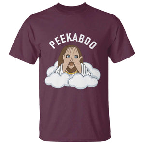 Peekaboo Jesus Funny Christian T Shirt Faith Humor Savior in Clouds Religious Meme TS02 Maroon Print Your Wear