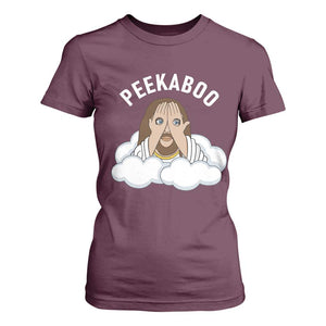 Peekaboo Jesus Funny Christian T Shirt For Women Faith Humor Savior in Clouds Religious Meme TS02 Maroon Print Your Wear