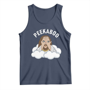 Peekaboo Jesus Funny Christian Tank Top Faith Humor Savior in Clouds Religious Meme TS02 Navy Print Your Wear
